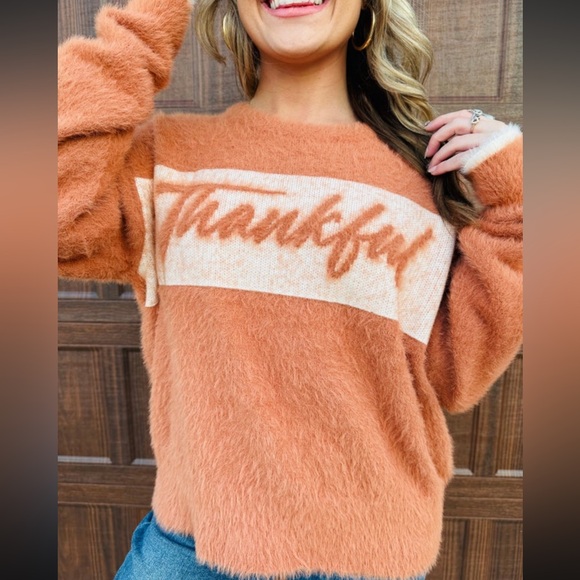 Fantastic Fawn Sweaters - Cozy Burnt Orange Sweater with 'Thankful' Design